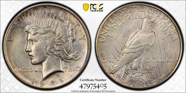 1921 $1 High Relief, Peace N1