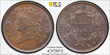 1835 1/2C MS62BN