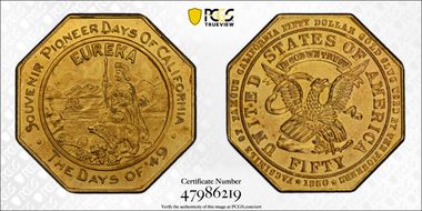 (c.1940s) Tk "$50" Jankovsky-J640 Gilt-Cu Days of '49 Slug, Blunt 4 MS64