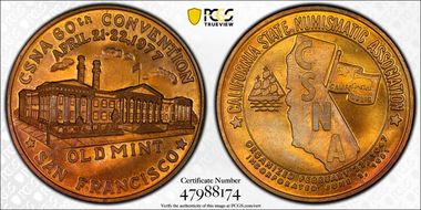 1977 Medal 60th Convention San Francisco  C.S.N.A. Bronze MS64RB