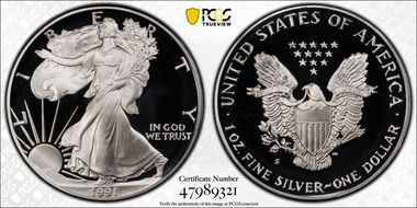 1991-S $1 Silver Eagle PR70DCAM