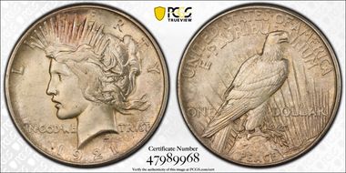 1921 $1 High Relief, Peace MS64