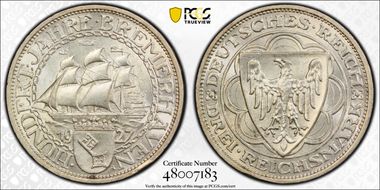 1927-A 3 Mk Bremerhaven J-325 MS64