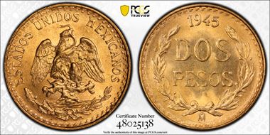 1945-Mo 2 Peso KM-461  Au MS66