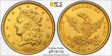 1834 $5 Classic Head, HM-6 MS61