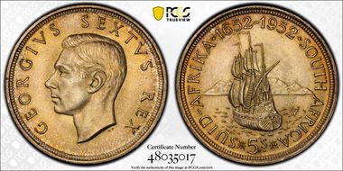 1952 5 Shil 300th Ann. of Capetown KM-41  Ag MS64