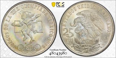 1968-Mo 25 Peso Olympic KM-479.1 Rings Align, Straight Tongue MS67