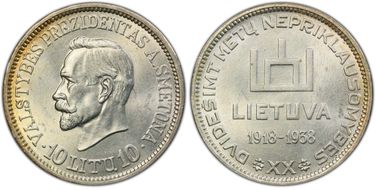1938 10 Litu Republic ↑↑ KM-84 Ag MS62