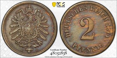 1874-F 2 Pfg J-2 AU58BN