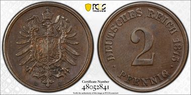 1875-E 2 Pfg J-2 AU58BN