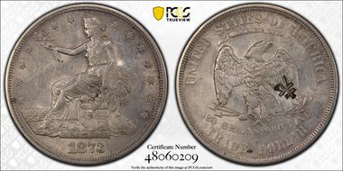 1873-S T$1 Chopmarked AU55