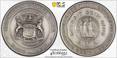 1936 AR Medal Detroit Coin Club 300th Meeting A.N.A. MS67