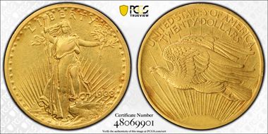 1908-D $20 No Motto VF35