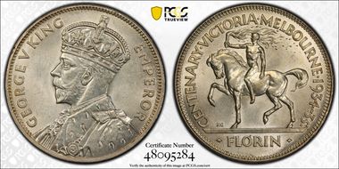 1934-35 Florin Centennial KM-33  Ag MS63