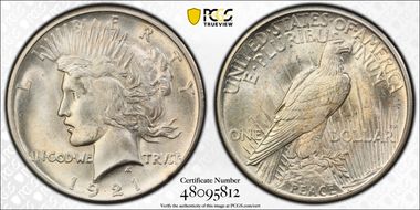 1921 $1 High Relief, Peace MS64