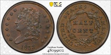 1833 1/2C AU50BN