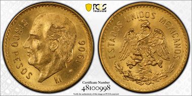 1906-M 5 Peso KM-464  Au MS65+