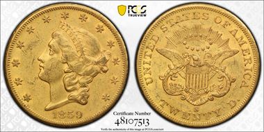 1859-S $20 AU55