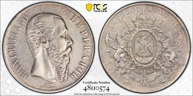 1867-Mo Peso Maximilian KM-388.1 AU53