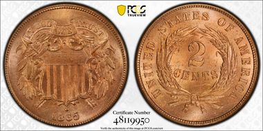 1865 2C Plain 5 MS66+ RD