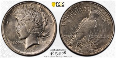 1921 $1 High Relief, Peace AU50