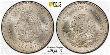 1947-Mo 5 Peso Cuauhtemoc KM-465 Ag MS66