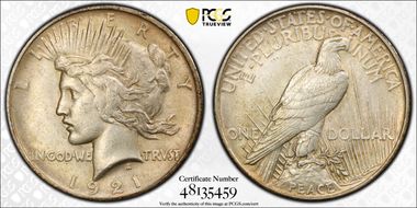 1921 $1 High Relief, Peace AU58