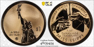 2023-S $1 American Innovation MS Rev PR 1st Human Lung Transplant First Strike PR70