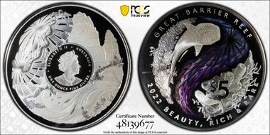 2022 $5 Great Barrier Reef Ag Colorized PR70DCAM