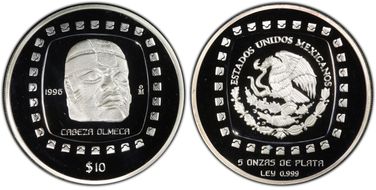 1996-Mo 10 Peso Cabeza Olmeca KM-599  Ag PR69DCAM