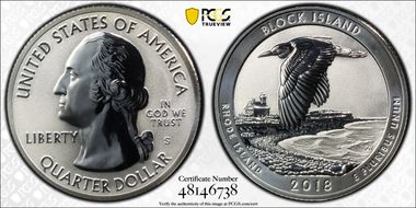 2018-S 25C Block Island NP-Silver Rev PR 50th Anniversary Set PR70