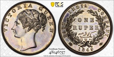 1849 P Rupee SW-3.32 Restrike RE Continuous Legend 25 Berries PR62