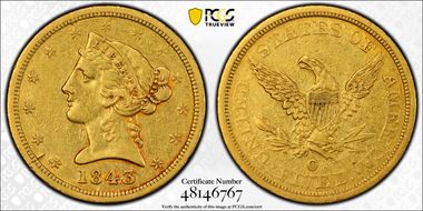 1843-O $5 Large Letters XF45