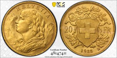 1925 B 20 Fr KM-35.1  Au MS65