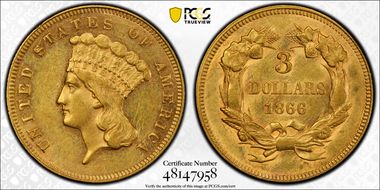 1866 $3 AU58