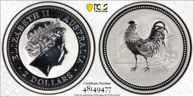 2005 $2 Year of the Rooster 2oz Ag MS70