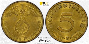 1938-E 5 Pfg J-363 MS63