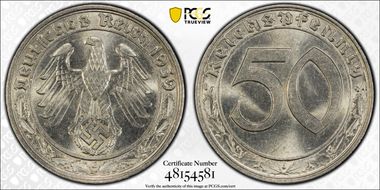 1939-E 50 Pfg J-365 Nickel MS64