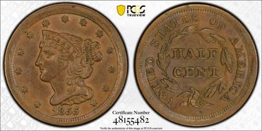 1855 1/2C AU58BN