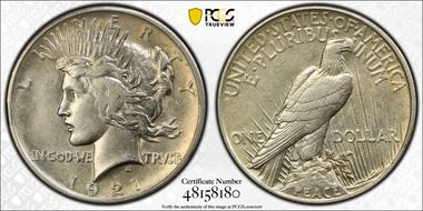 1921 $1 High Relief, Peace AU53