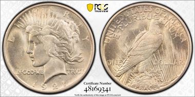 1921 $1 High Relief, Peace MS64