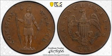 1788 Cent Mass., Ryder 13-N, No Period AU50BN