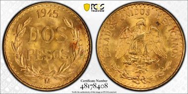 1945-Mo 2 Peso KM-461  Au MS66