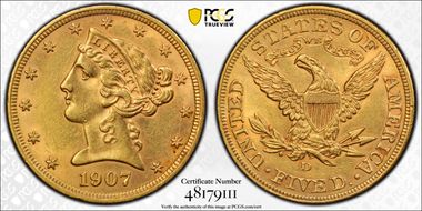 1907-D $5 AU58