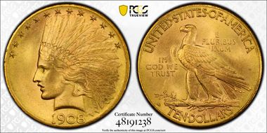 1908-D $10 Motto MS66