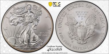 2008-W $1 Burnished Silver Eagle Reverse of 2007 SP69