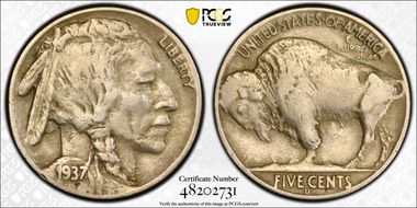 1937-D 5C 3 Legs VF30