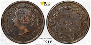 1858 1C ↑↑ Bronze, Broken Vine XF45BN
