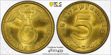 1936-D 5 Pfg J-363 MS65