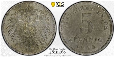 1916-E 5 Pfg J-297 AU58